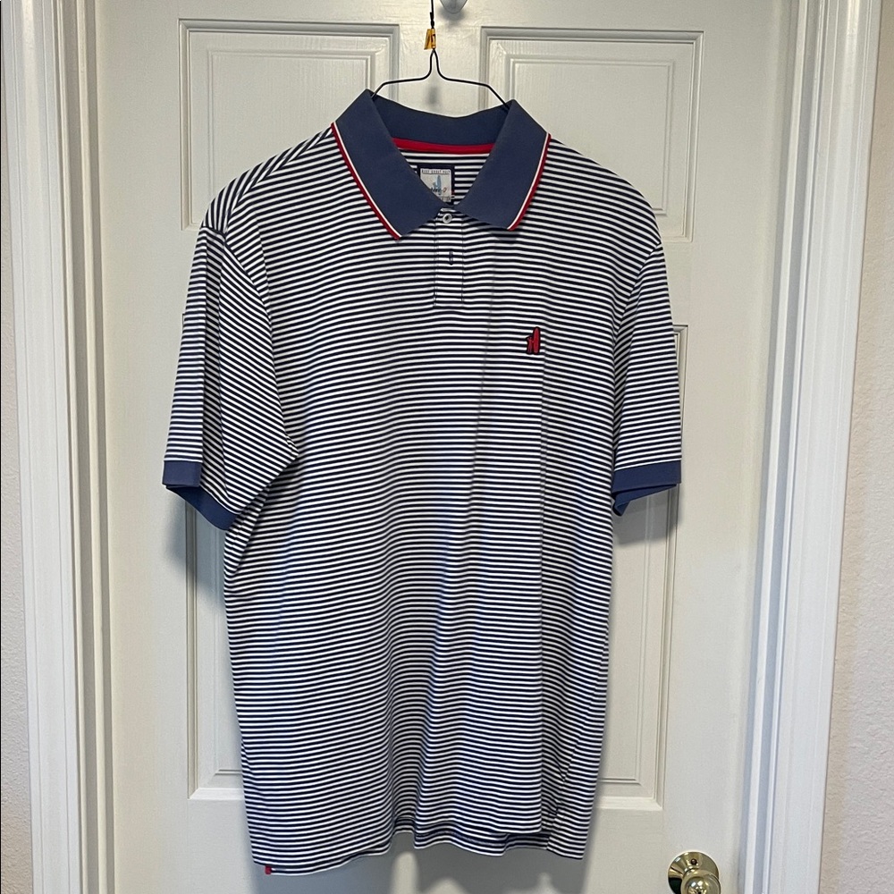 johnnie-O Navy and White Striped Polo with Red Trim
